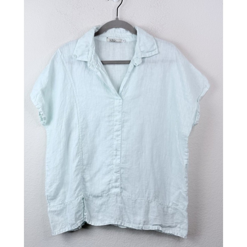 KaYan 100% Linen Popover Top Women's L Sky Blue Made in Italy Coastal Resort